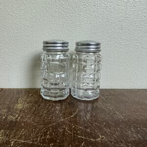 Anchor Hocking VINTAGE Made in USA Pressed Waffle Glass Aluminum Salt & Pepper